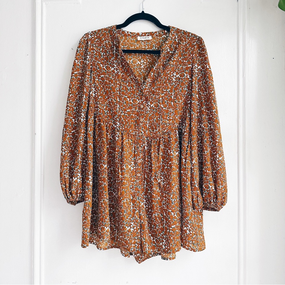 Storia floral long sleeve jumpsuit romper shorts retro orange flower small